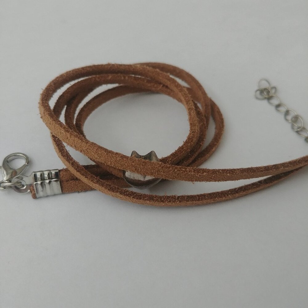 Y2K Brown leather double strand short necklace choker silver heart - Picture 2 of 9